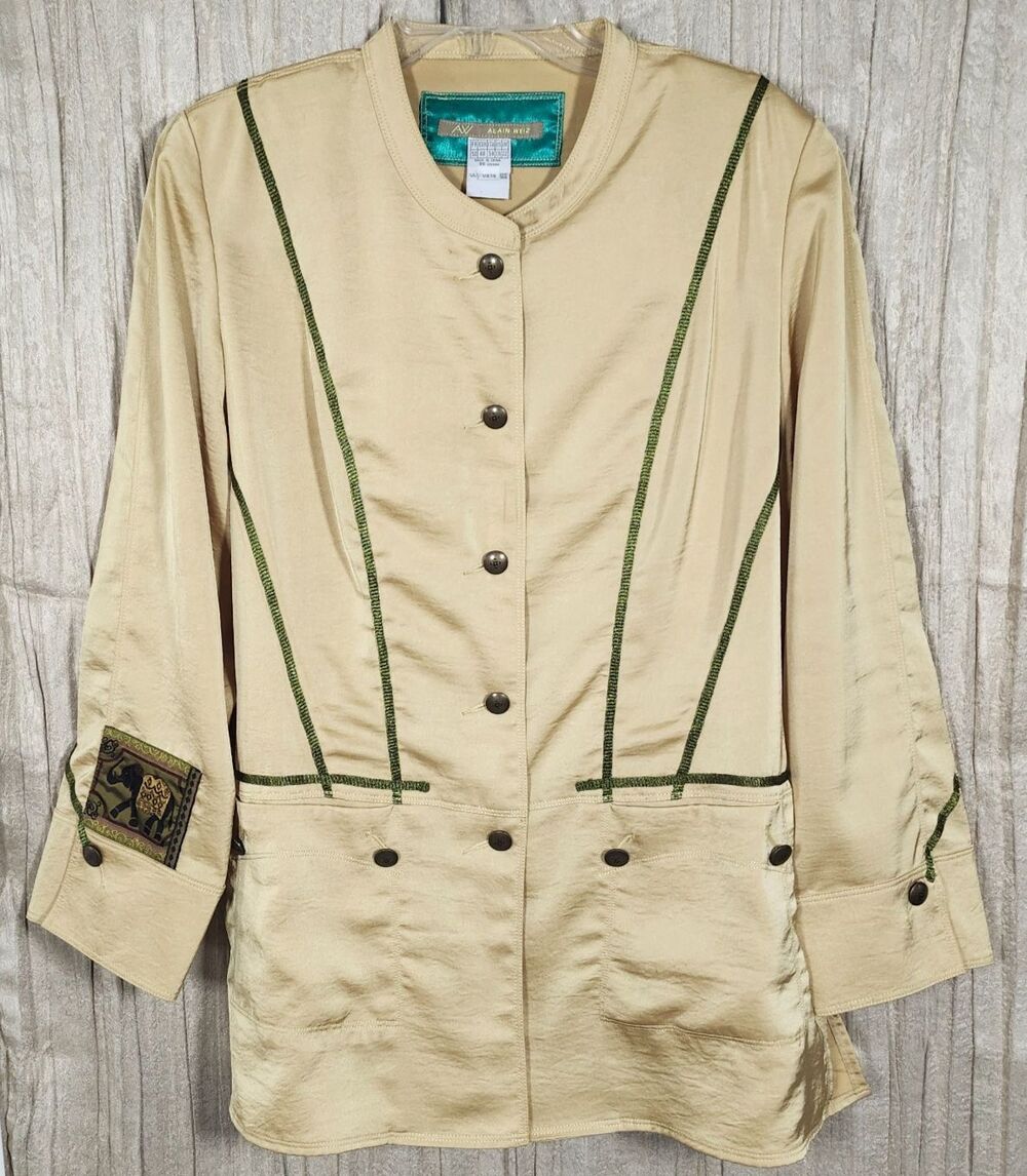 AW Alain Weiz Womens 18 Gold Yellow Mandarin Collar Jacket Lucky Elephant France